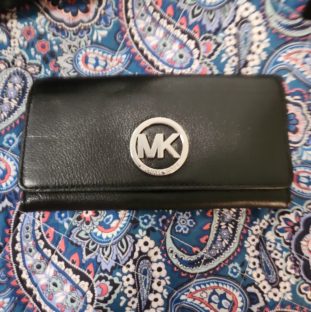 Michael Kors Black Leather MK Emblem Continental Wallet